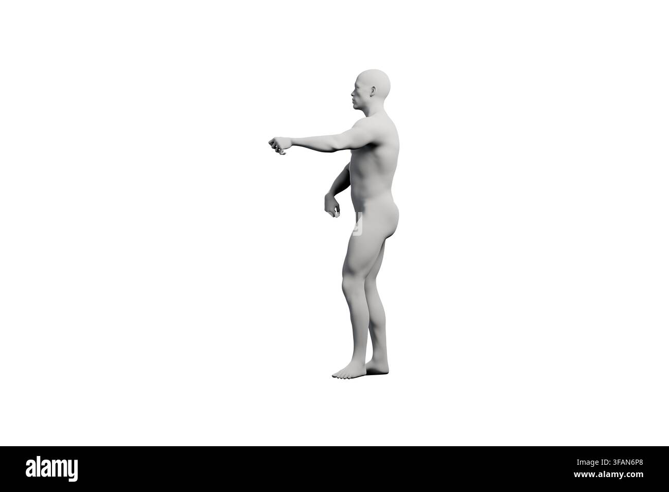 Una render 3D dettagliata di una figura di manichino arrabbiato che allunga il braccio per sporgersi in avanti contro uno sfondo studio bianco opaco uniforme. Foto Stock