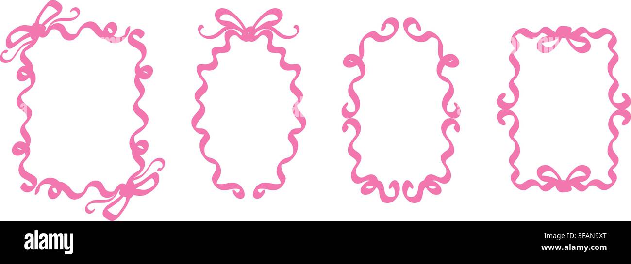 Set di bordi carini con nastro rosa e fiocchi decorativi. Cornici estetiche fantasiose disegnate a mano isolate su sfondo bianco. Illustrazione vettoriale. Illustrazione Vettoriale