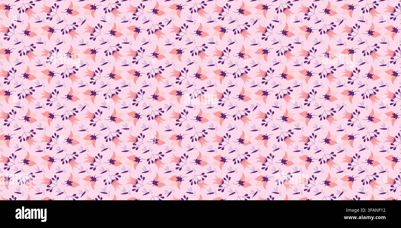 Modello senza cuciture con fiori e insetti stilizzati su sfondo rosa chiaro. Struttura floreale romantica per tessuti, abbigliamento, cancelleria, carta da regalo. Illustrazione Vettoriale