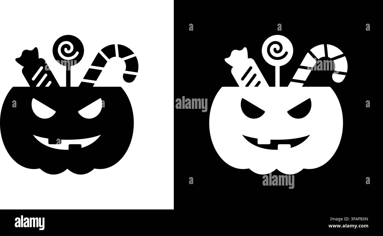 Jack-O-Lantern con Icone solide a forma di Caramelle. Leccornie di Halloween, Dolcetto o Scherzetto, e Collezioni di simboli in silhouette per festeggiamenti festivi. Vacanza spaventosa Illustrazione Vettoriale