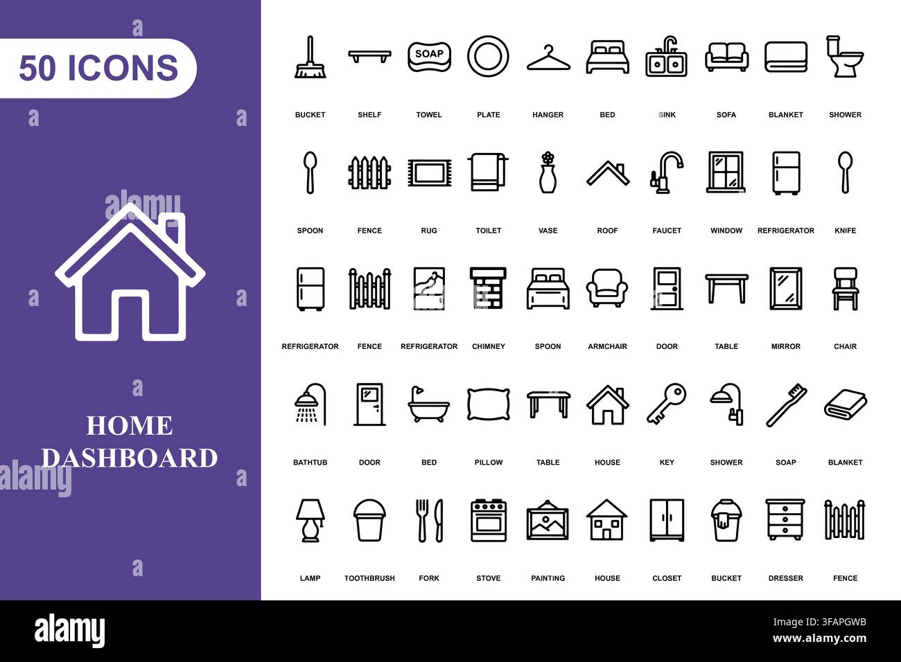 Una raccolta di cinquanta icone minimaliste in arte lineare che rappresentano mobili ed elementi di design d'interni. Illustrazione Vettoriale