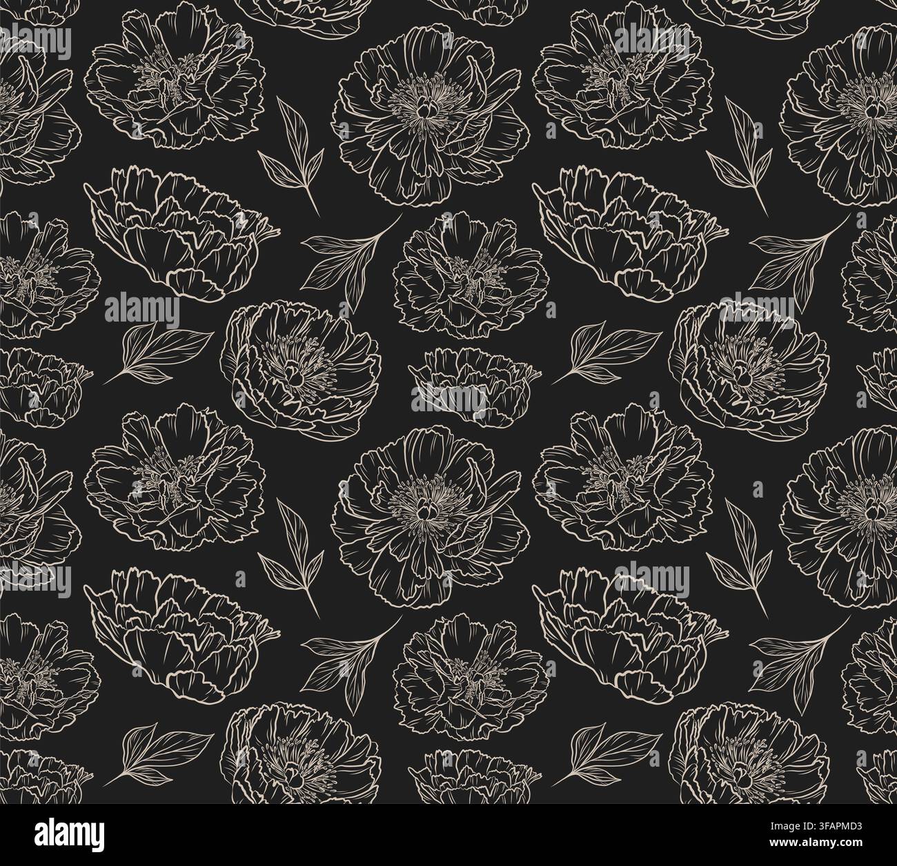 Modello audace senza cuciture a peonia con fiori botanici ripetuti e contorni floreali, reso in arte vettoriale lineare. Ideale per tessuti, carta da parati, moda, Foto Stock