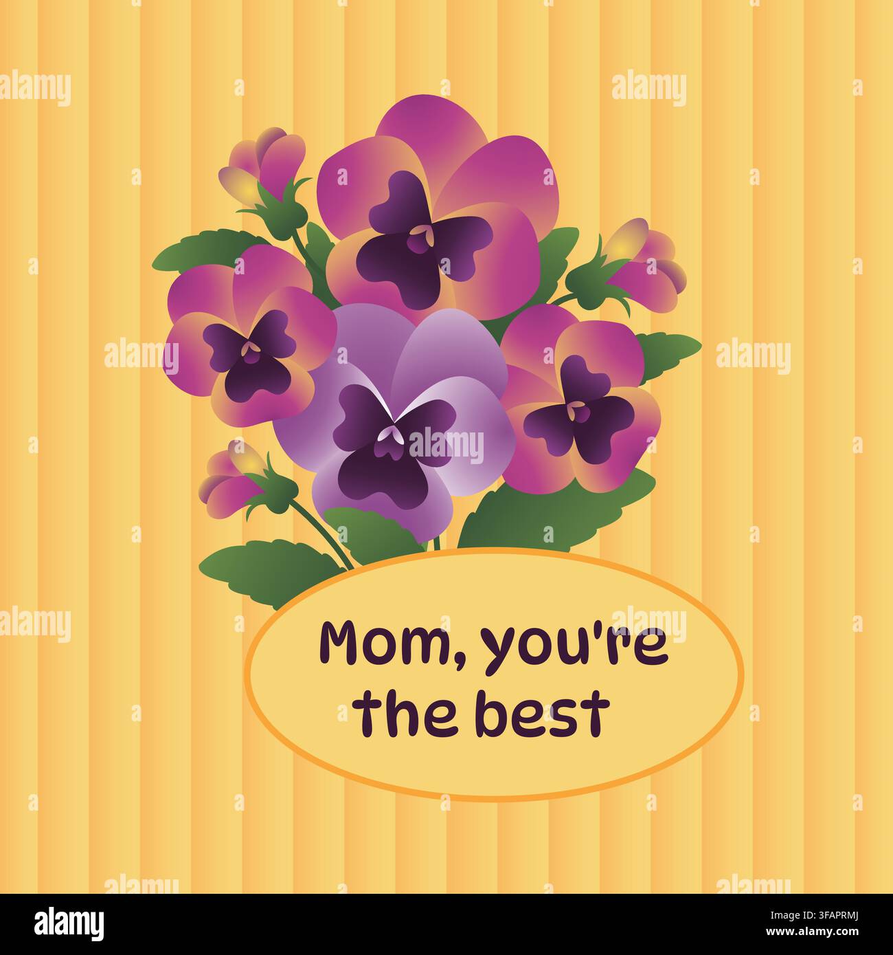 Mazzo di viole viola e rosa con il testo "Mamma, sei la migliore" su sfondo a righe. Biglietto di auguri per la celebrazione della festa della mamma, apprezzamento. Illustrazione Vettoriale