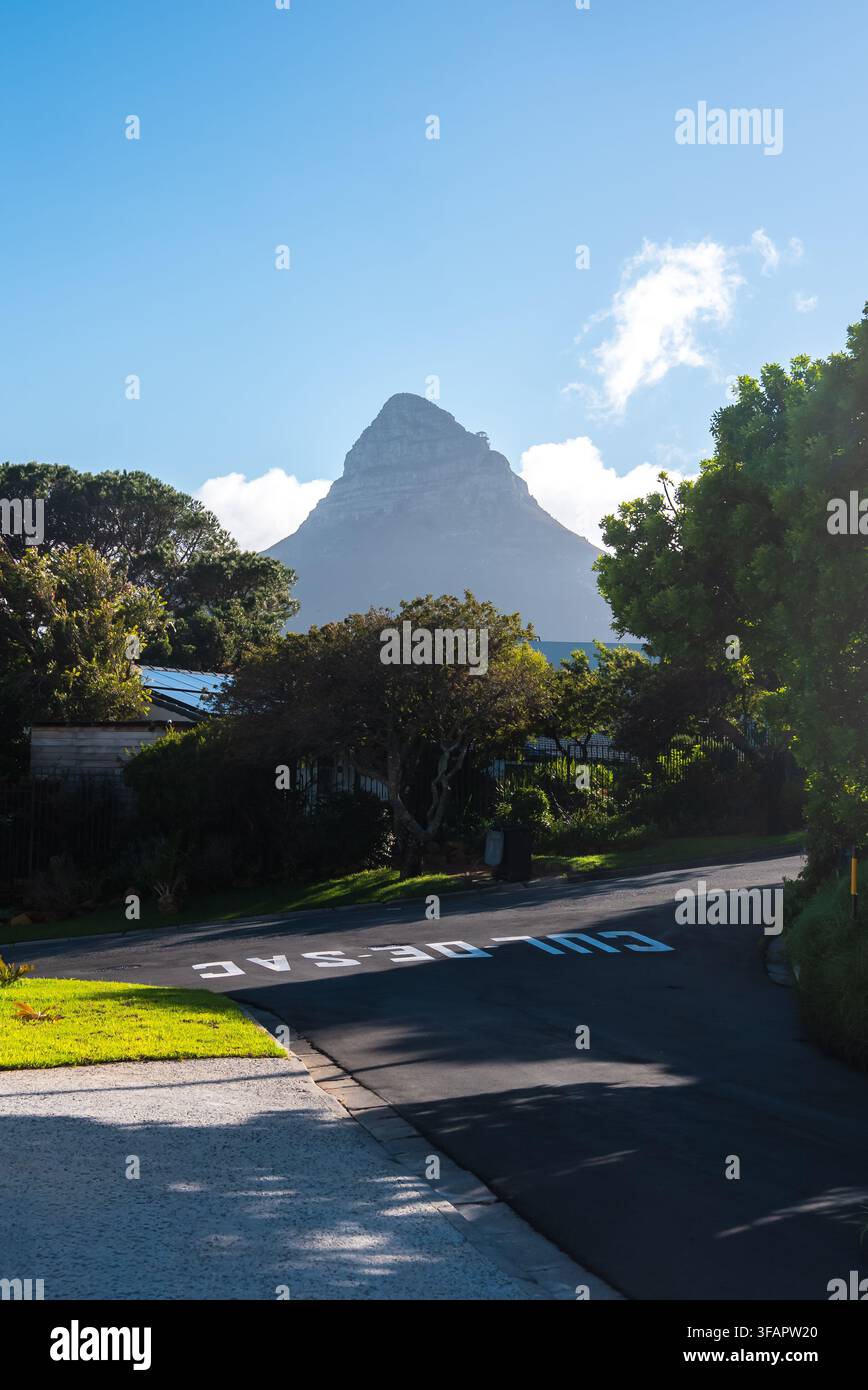 La Testa del Leone si erge su una strada periferica a Città del Capo Foto Stock
