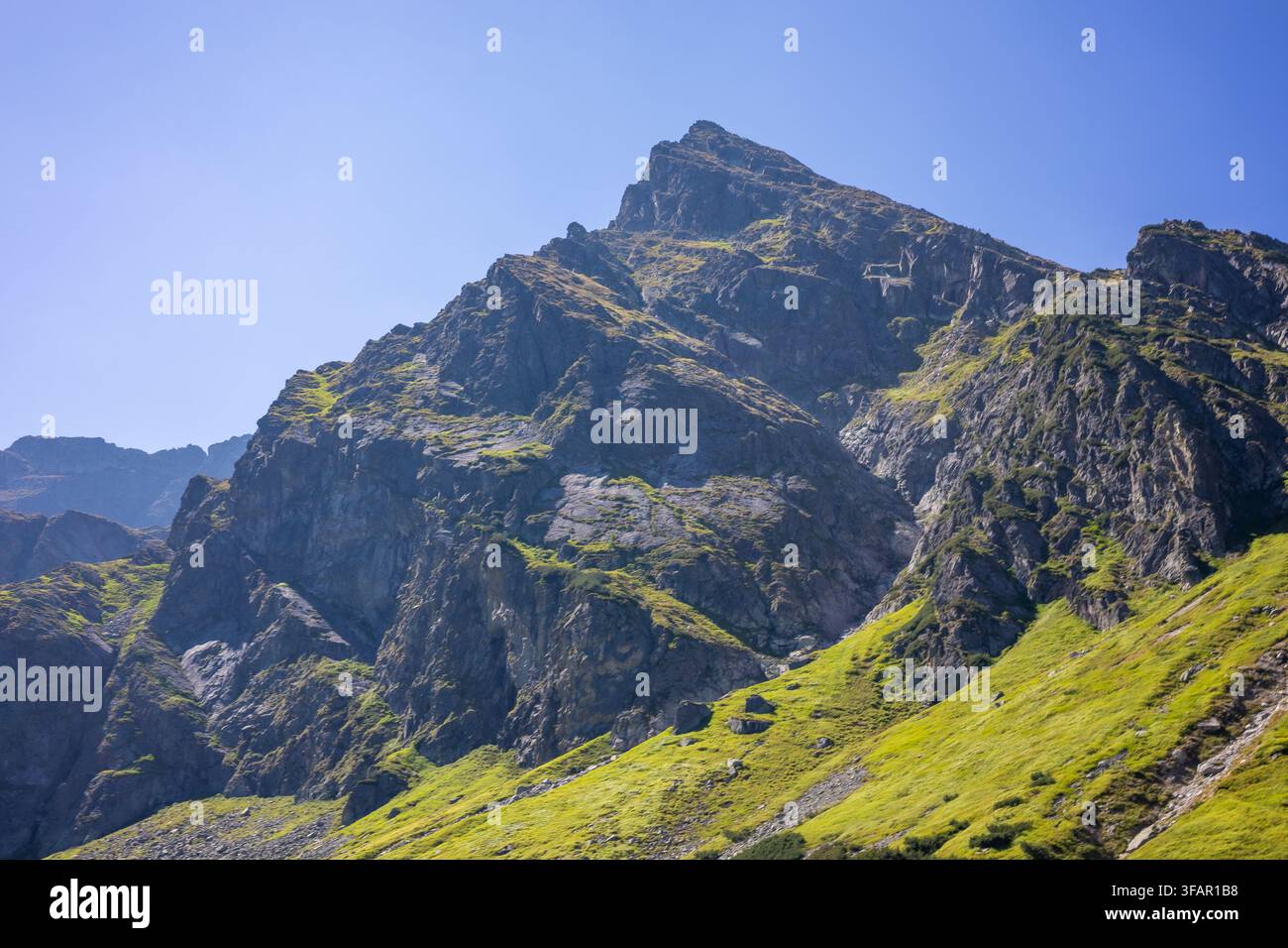 Picco delle Montagne Rocciose che si erge sopra un pendio erboso verde sotto un cielo blu limpido Foto Stock