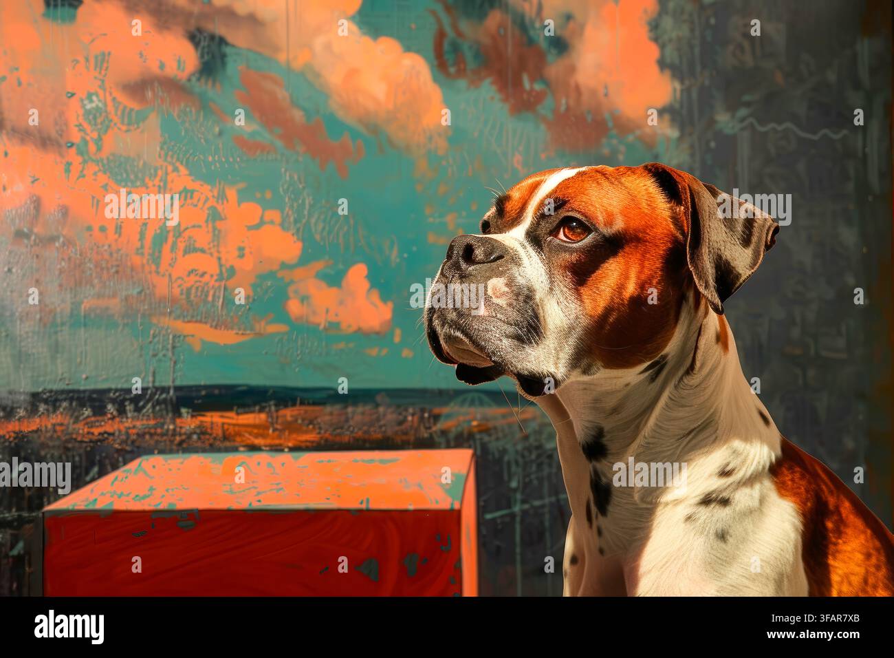 Cane in un ambiente surreale colorato con uno sfondo sorprendente che unisce tonalità arancioni e blu in Portogallo Foto Stock
