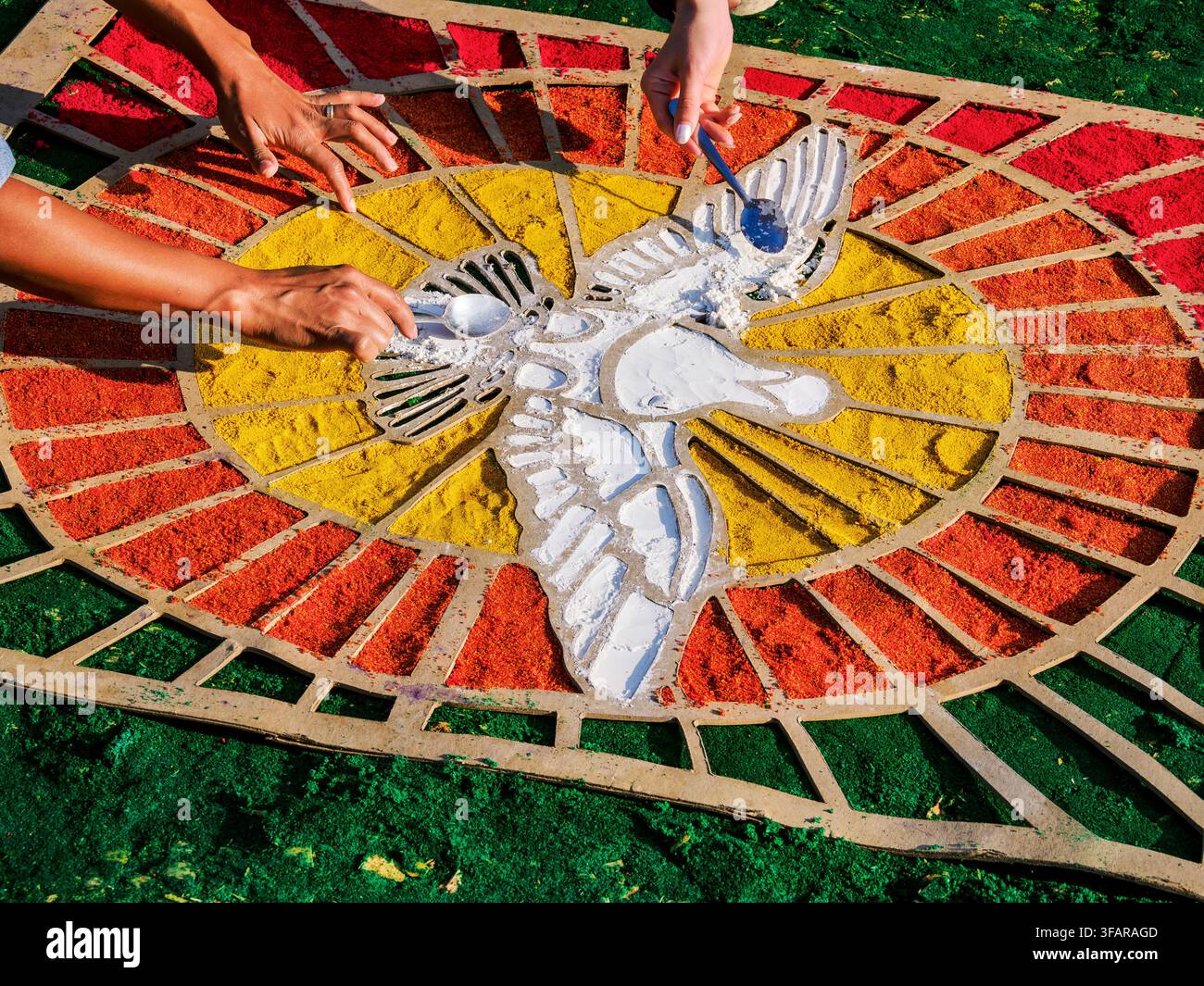 Tappeto processionale il venerdì Santo, Antigua Guatemala, dipartimento di Sacatepequez, Guatemala Foto Stock
