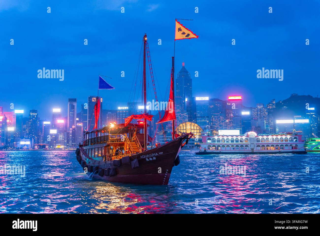 Vista dello skyline di Hong Kong e di una giunca a vela rossa da Kowloon al tramonto, Kowloon, Hong Kong, Cina Foto Stock