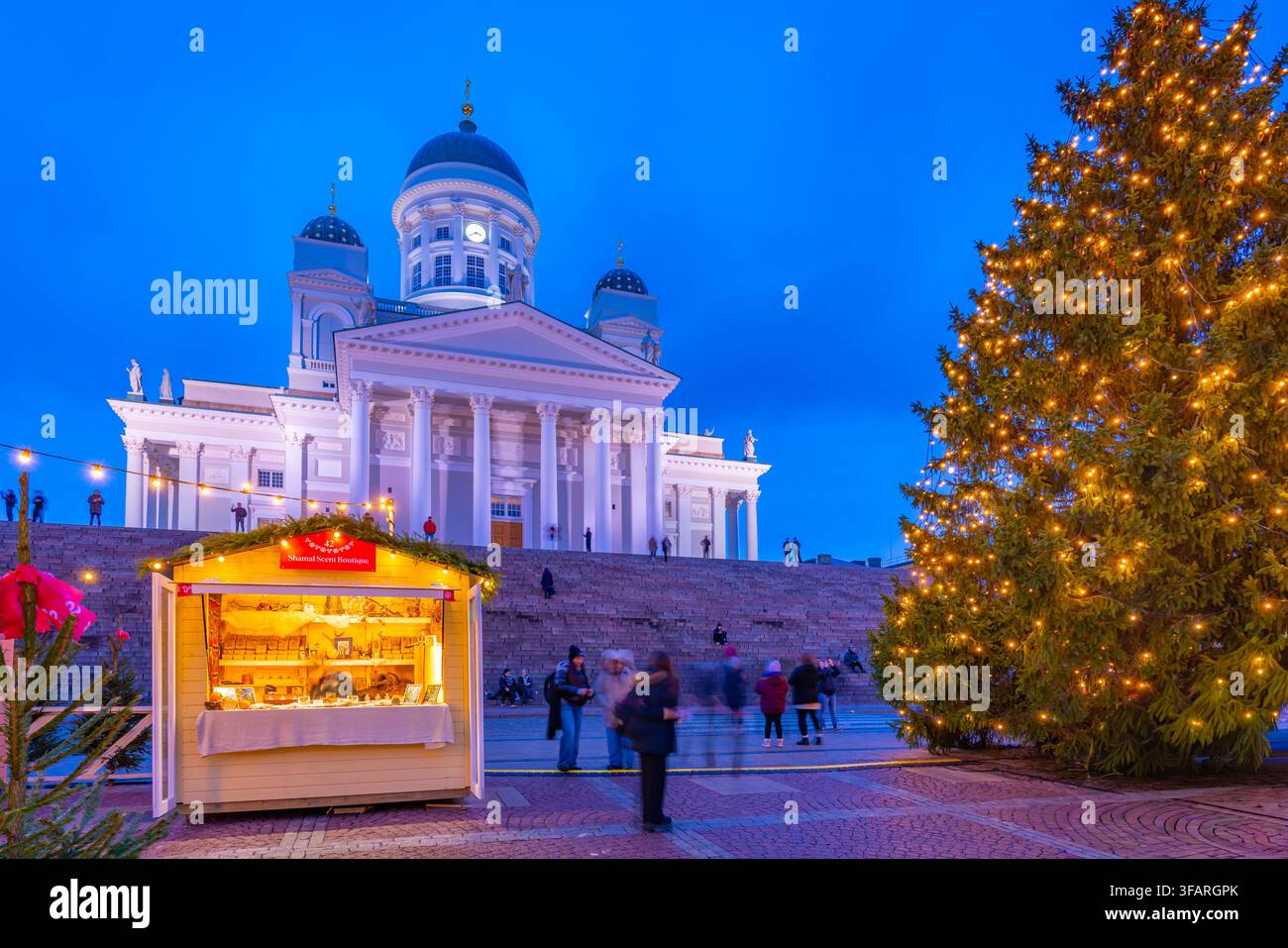 Vista della Cattedrale di Helsinki e del Mercato di Natale in Piazza del Senato al crepuscolo, Helsinki, Finlandia Foto Stock