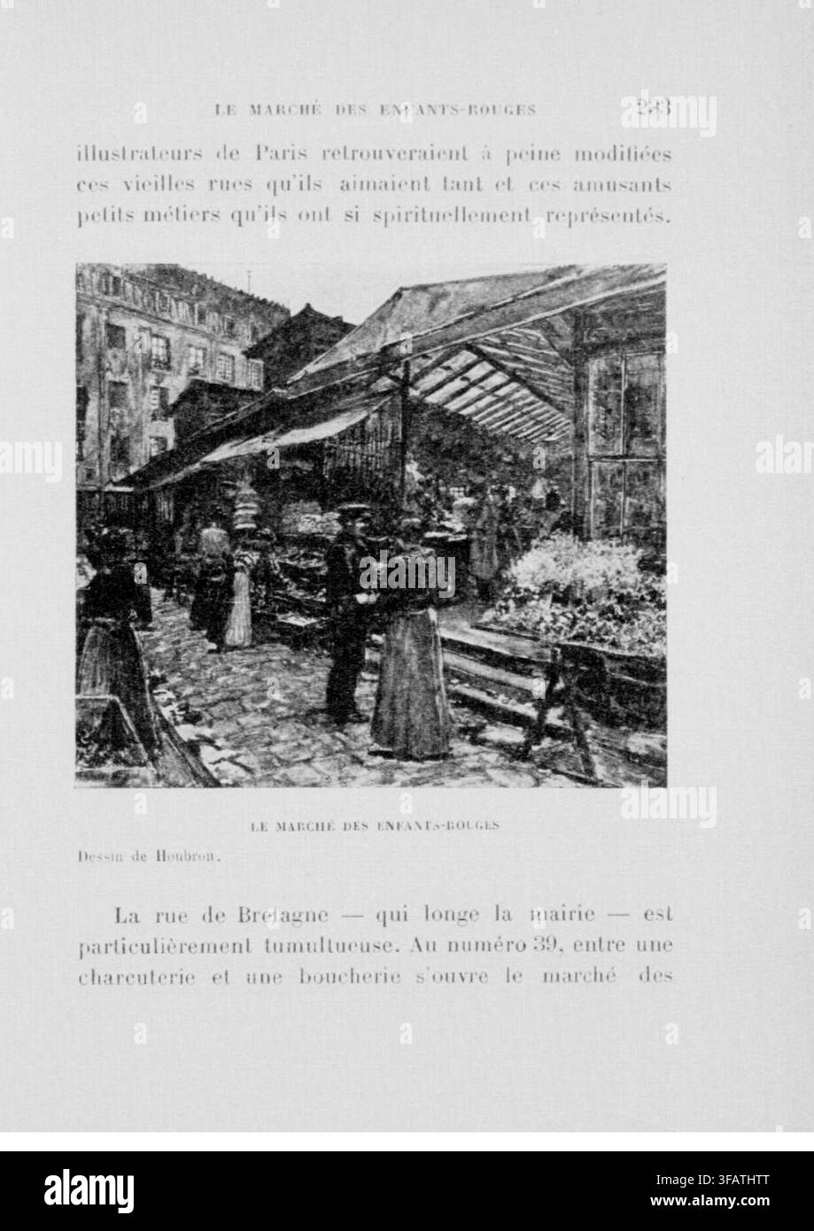 Il Marché des Enfants-Rouges, un mercato a Parigi, illustrato da Houbron, mostra la vivace rue de Bretagne, vicino al municipio, con vari negozi e bancarelle, tra cui una salumeria e una macelleria. Foto Stock