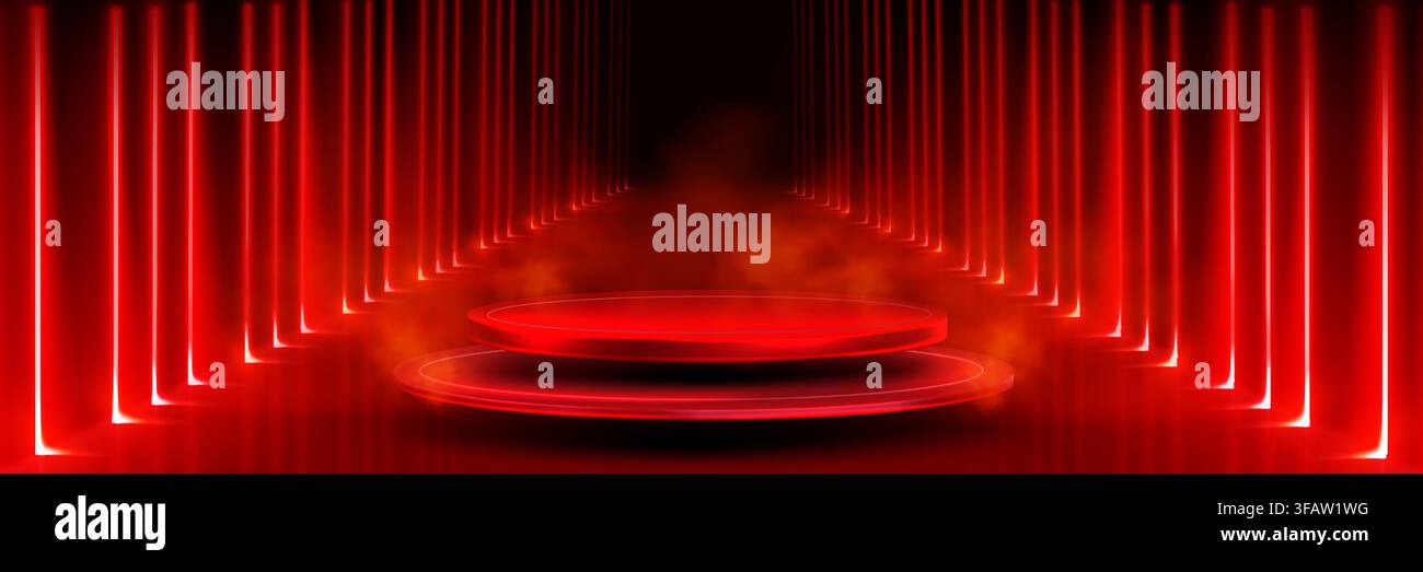 Tunel LED luminoso con linee laser rosse, podio rotondo futuristico. Illustrazione vettoriale di corridoio di luce al neon con prospettiva realistica, piattaforma per presentazioni tecnologiche, grafica di gioco o banner del casinò Illustrazione Vettoriale