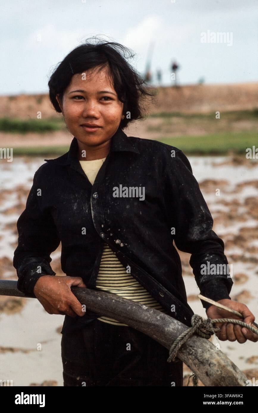 Cambogia: Una donna ara il campo di riso prima di ripiantare il riso trapiantato. Con così tanti uomini uccisi durante gli anni di Pol Pot, le donne devono spesso fare lavori che tradizionalmente erano svolti dagli uomini. Foto Stock