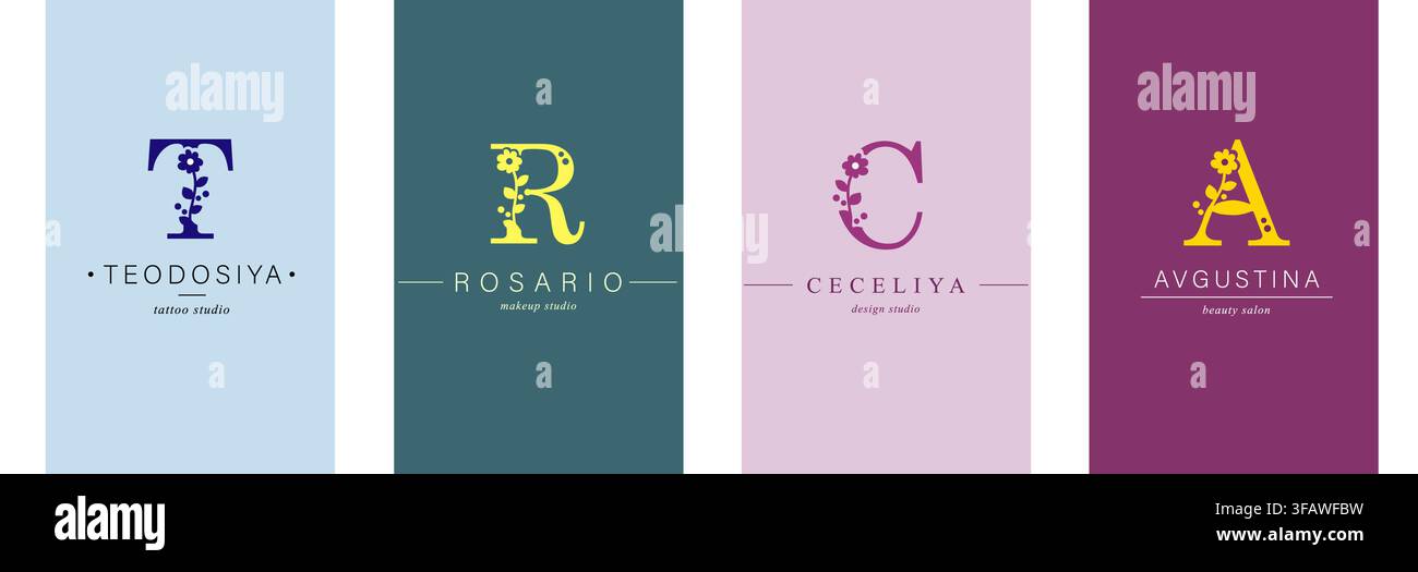 Logo T, R, lettera maiuscola C, A. Monogramma di Botanico Minimalistico, Iniziale. con elementi vegetali organici. camomilla Illustrazione Vettoriale
