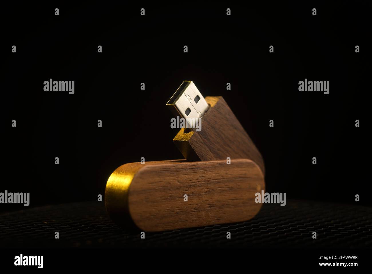 Dispositivo di archiviazione USB in legno con connettore dorato su sfondo scuro Foto Stock