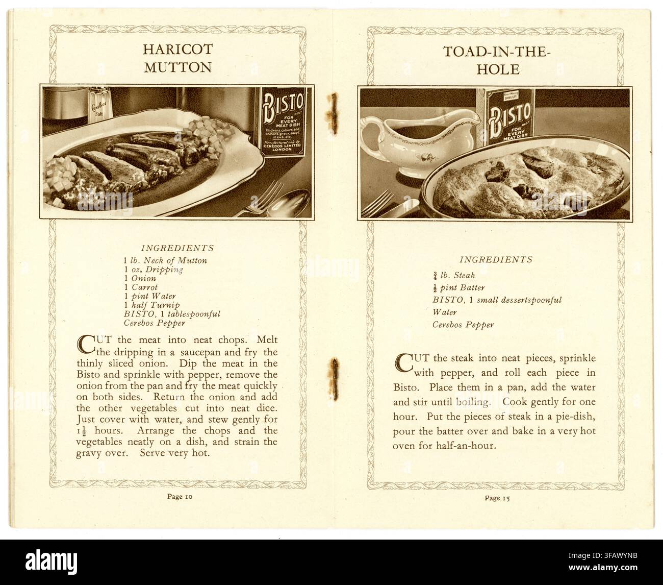 Cibo britannico tradizionale vintage degli anni '30 – ricette di montone haricot e "rospo nel buco" in un libretto di ricette con polvere per salsa Bisto, datato 1933, Regno Unito Foto Stock
