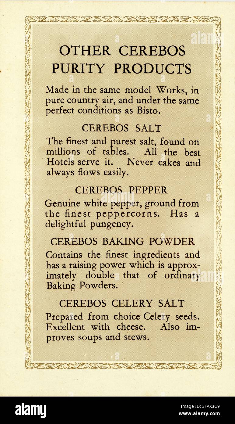 Condimenti domestici puri Cerebos degli anni '30 – sale, pepe, lievito in polvere, sale di sedano, in un libretto di ricette per salsa Bisto, datato 1933, Regno Unito Foto Stock