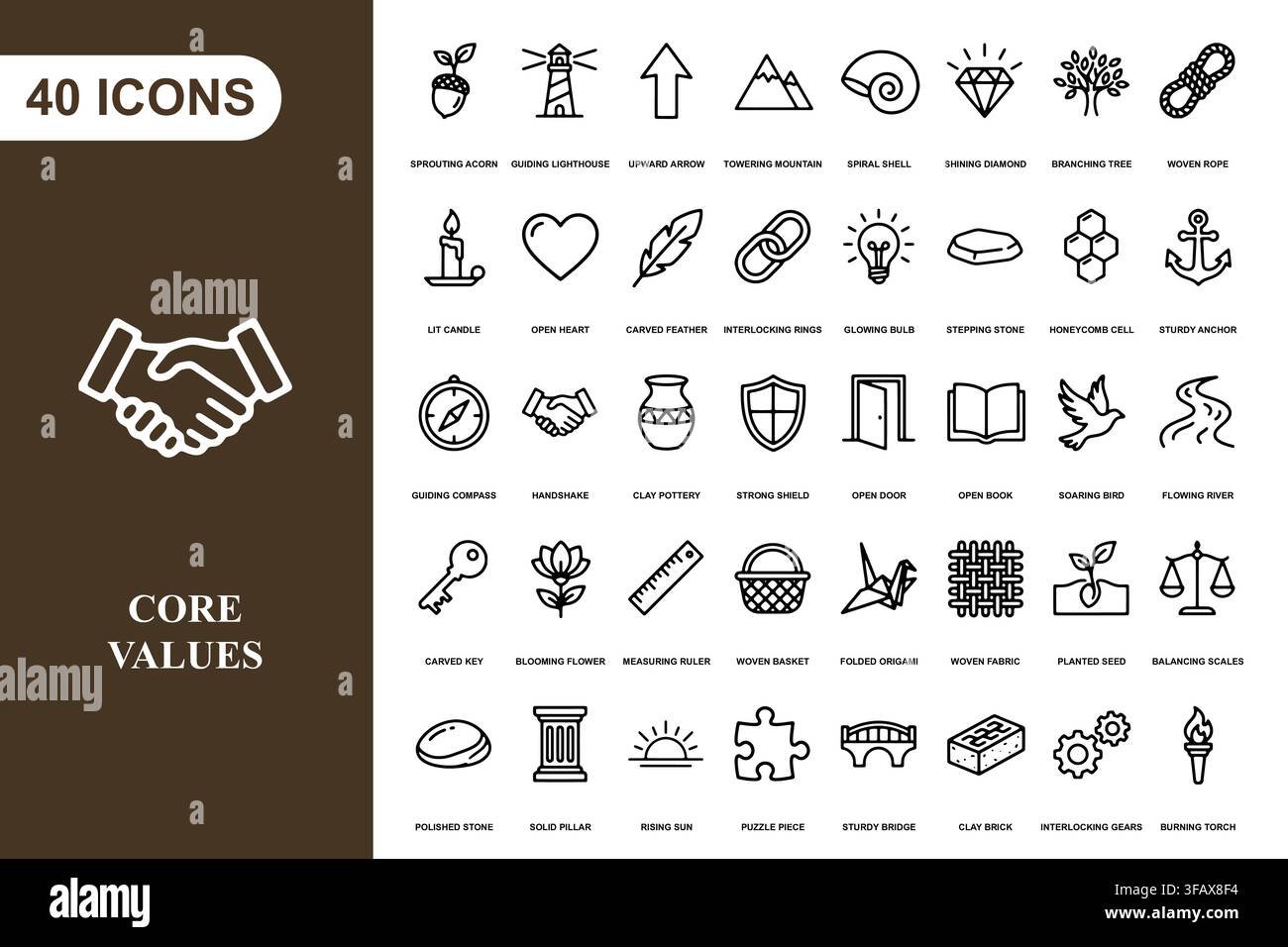 Una collezione completa di quaranta icone lineari che rappresentano diversi concetti aziendali e valori fondamentali. Illustrazione Vettoriale
