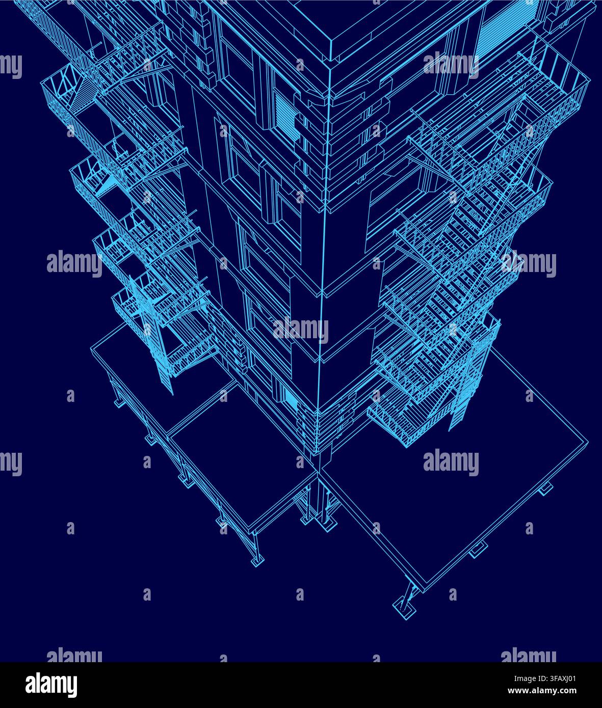 Progetto di un edificio alto su sfondo blu, che mostra il contorno architettonico e la disposizione strutturale dettagliata. Illustrazione Vettoriale