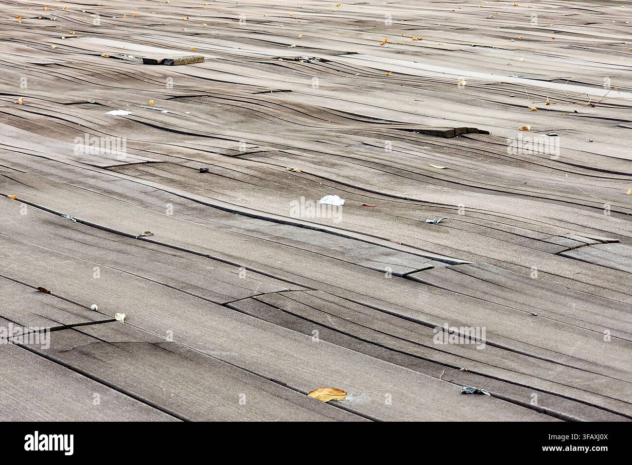 Piattaforma in legno duro deformata e danneggiata a causa dell'esposizione prolungata alla pioggia e alle intemperie estreme Foto Stock