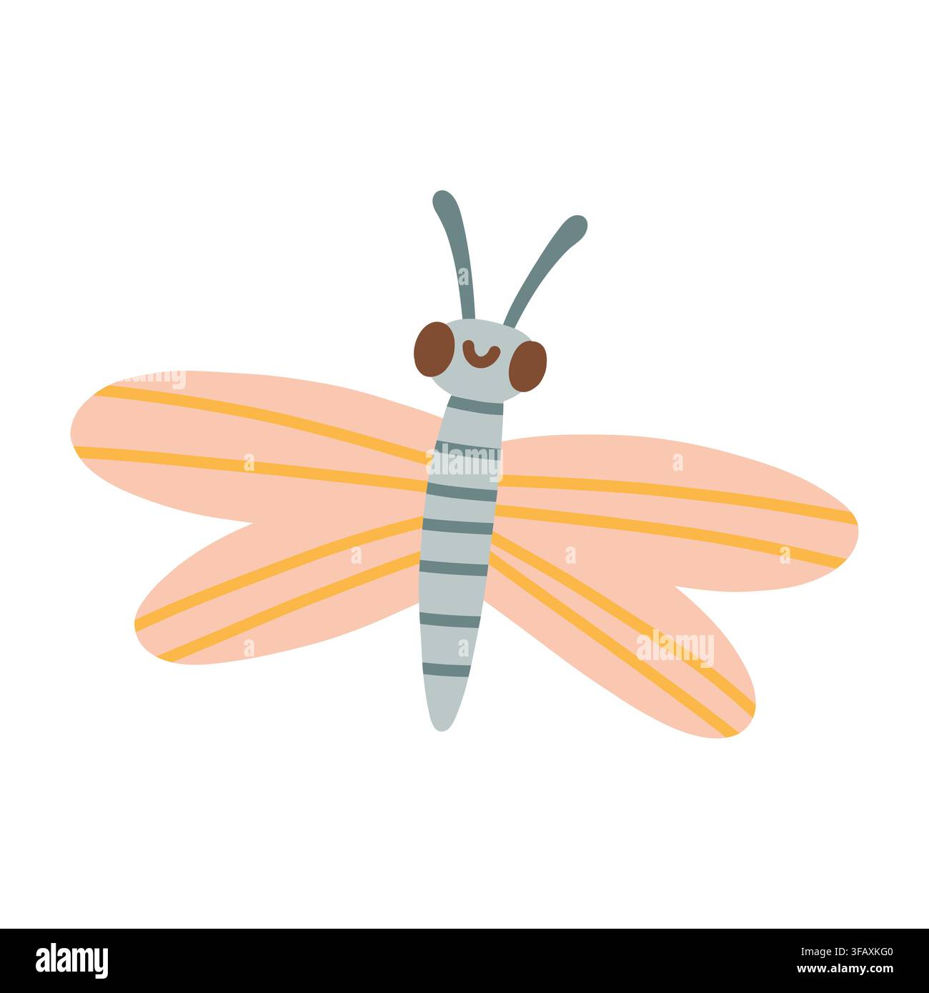 Illustrazione vettoriale di un personaggio libellula rosa carino con occhi grandi e ali spiegate. Insetto da stagno estivo isolato su sfondo bianco Illustrazione Vettoriale