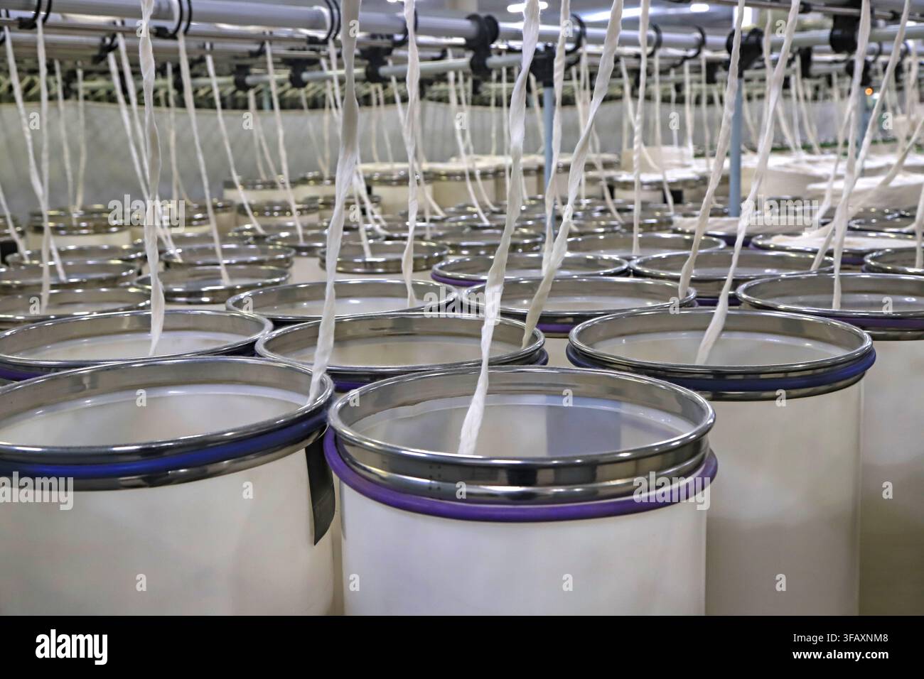 Barattoli di filato ordinatamente disposti in una officina tessile, con filato di cotone bianco alimentato verso l'alto dai barattoli, mostrando dettagli di produzione e industriali Foto Stock