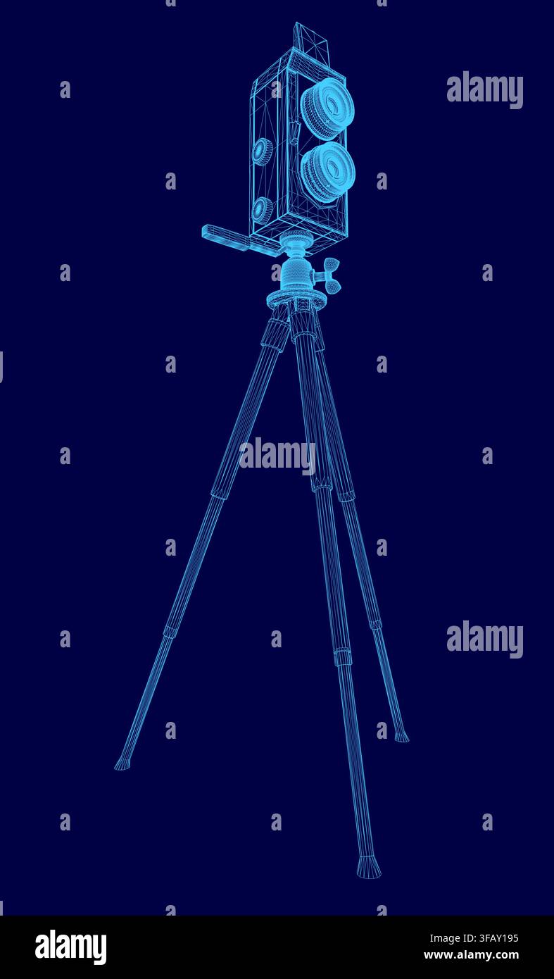 Una videocamera professionale montata su un treppiede si trova su uno sfondo blu scuro, evidenziata da un effetto wireframe luminoso. Illustrazione Vettoriale