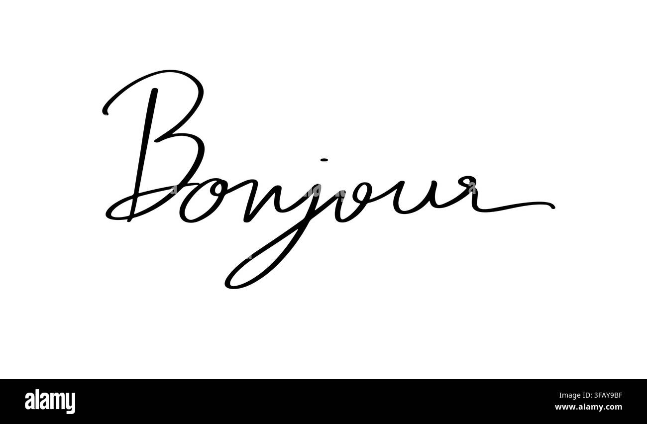Eleganti lettere calligrafiche scritte a mano « Bonjour » su uno sfondo bianco pulito Foto Stock