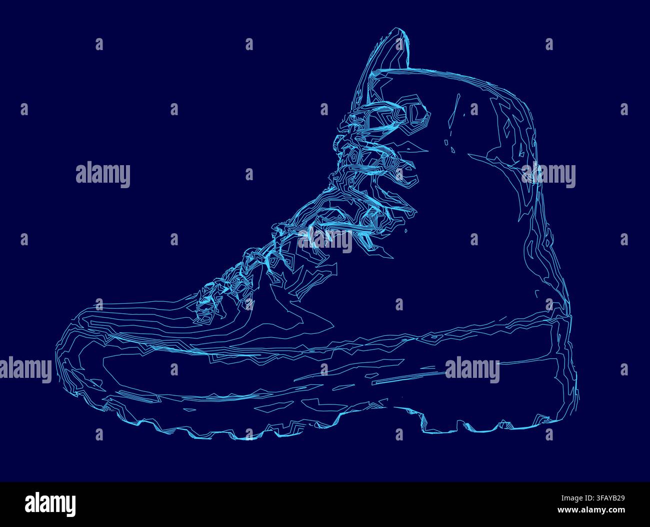 Un paio di scarpe da ginnastica in stile militare in un disegno a linea blu su uno sfondo blu scuro. Illustrazione Vettoriale