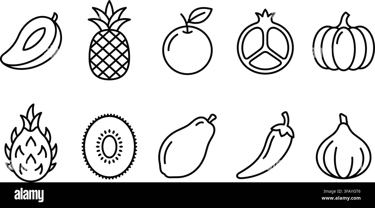 Collezione di frutta tropicale fresca con icone a contorno per il design di cibi sani e l'arte del menu. Illustrazione Vettoriale