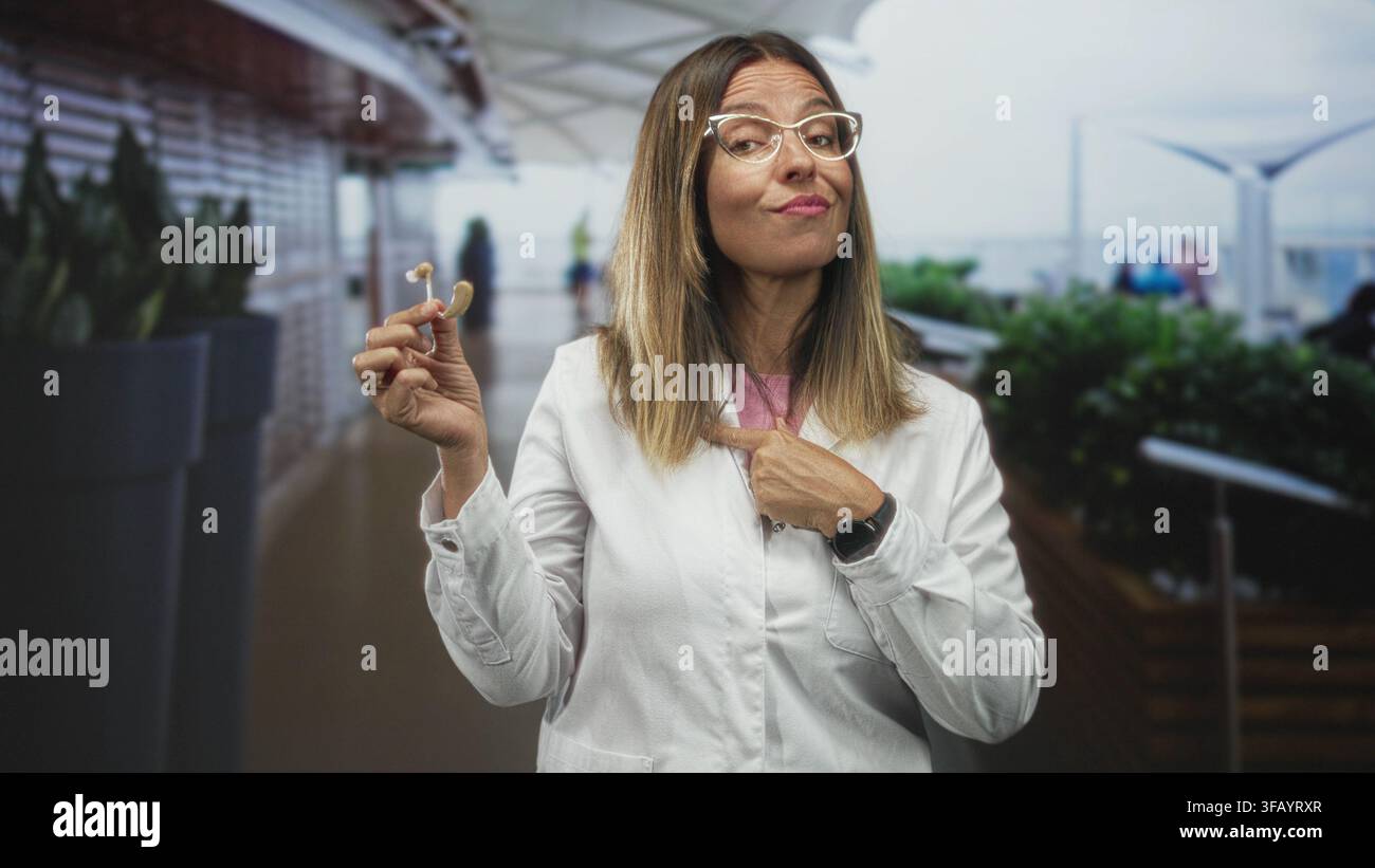 Medica donna che tiene un apparecchio acustico indica con il dito il petto in un terminal aeroportuale con piante e sedute visibili; fiducia di consapevolezza. Foto Stock