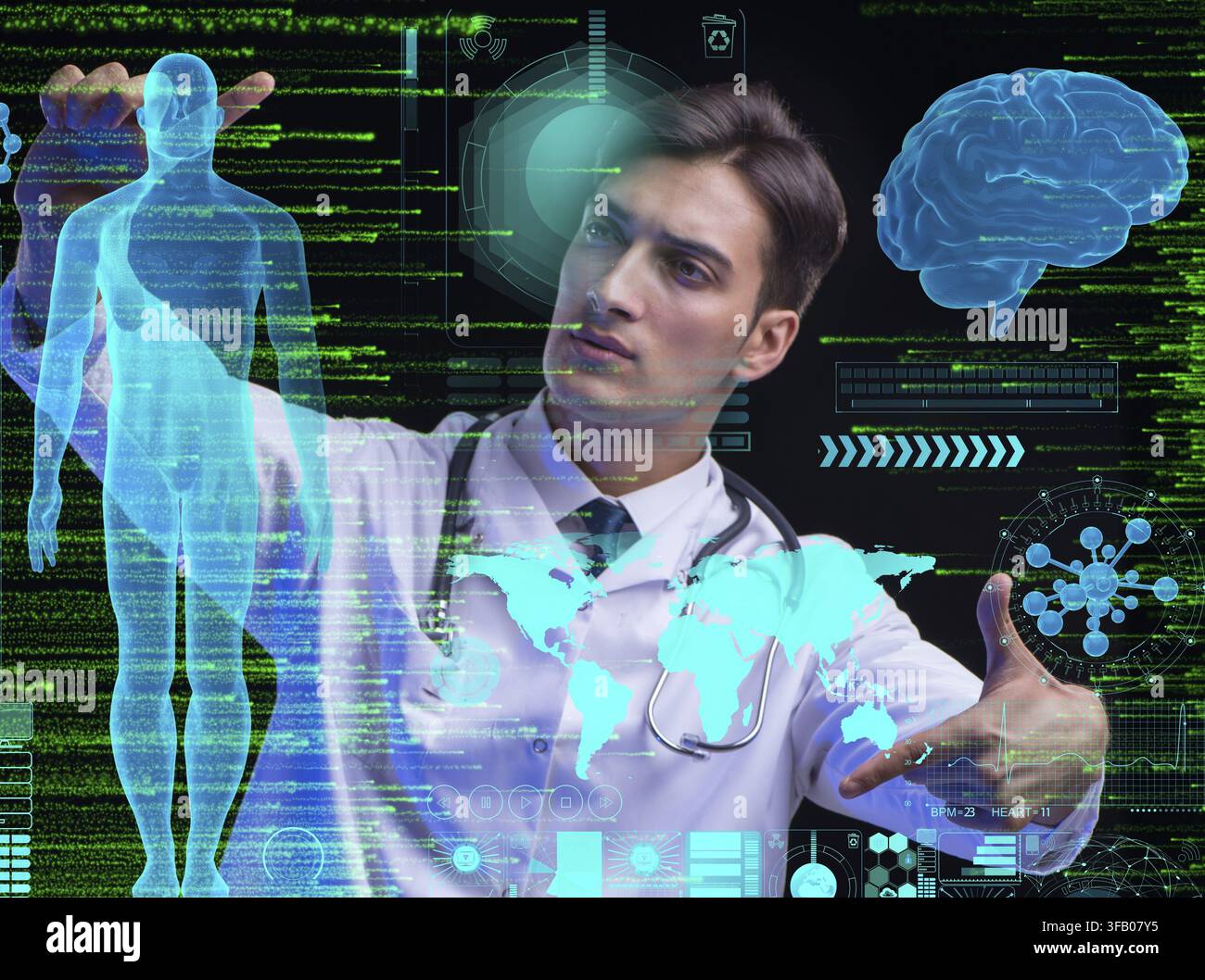Il concetto di telemedicina con un medico maschio Foto Stock
