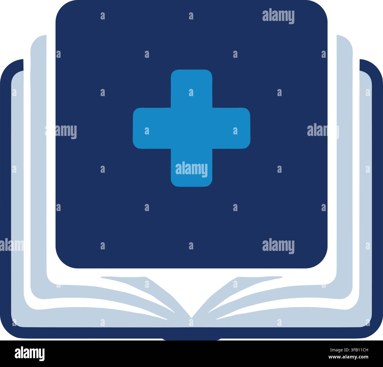 Icona di libro medico aperto con simbolo di croce blu che rappresenta l'educazione sanitaria e le cartelle cliniche, illustrazione vettoriale. Illustrazione Vettoriale