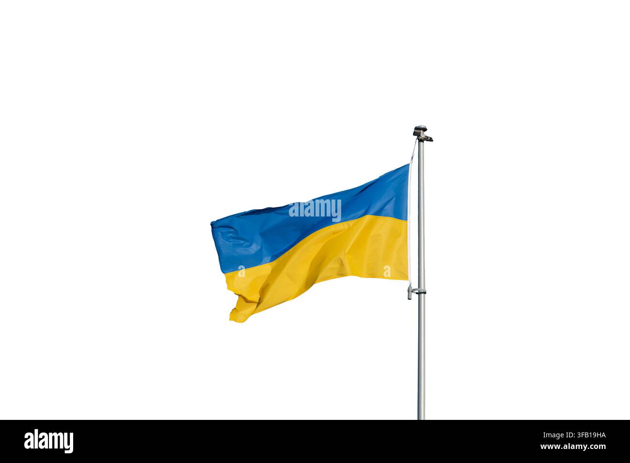 Bandiera ucraina blu-gialla che sventola isolata su sfondo bianco Foto Stock