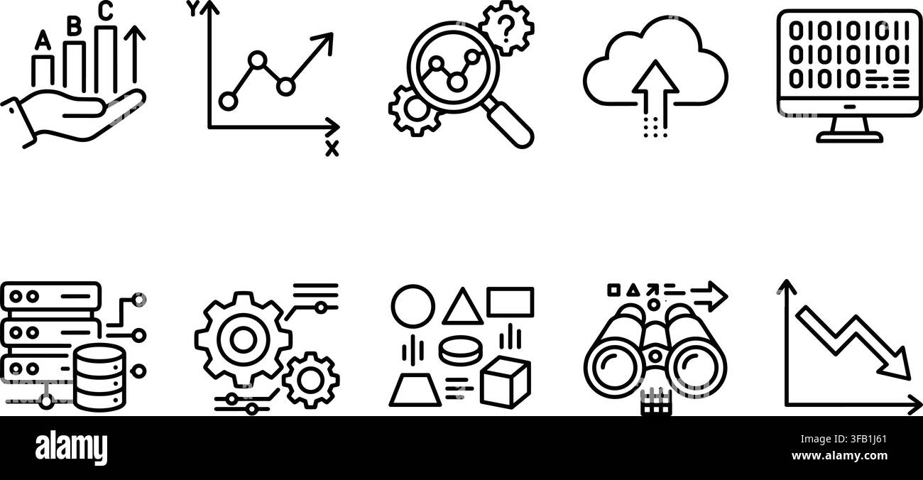 Set di icone di data science e networking che mostra l'elaborazione del cloud computing e l'infrastruttura analitica. Illustrazione Vettoriale