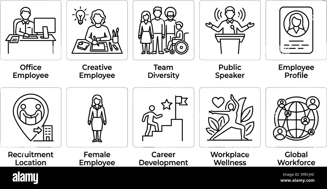 Set di icone lineari per la forza lavoro aziendale e la diversità dei dipendenti che rappresenta lo sviluppo della cultura aziendale moderna. Illustrazione Vettoriale
