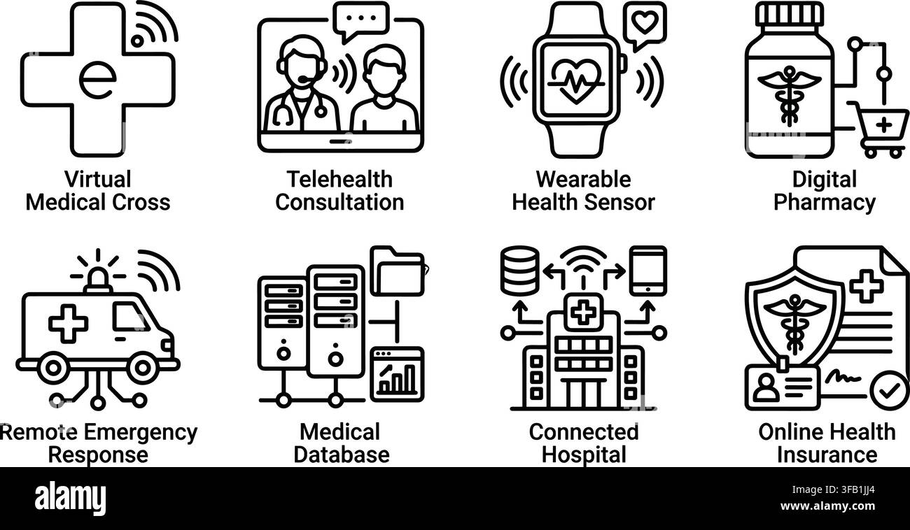 Icone di salute digitale con croce medica virtuale, consulenza tele-sanitaria, sensore e tecnologia farmaceutica. Illustrazione Vettoriale