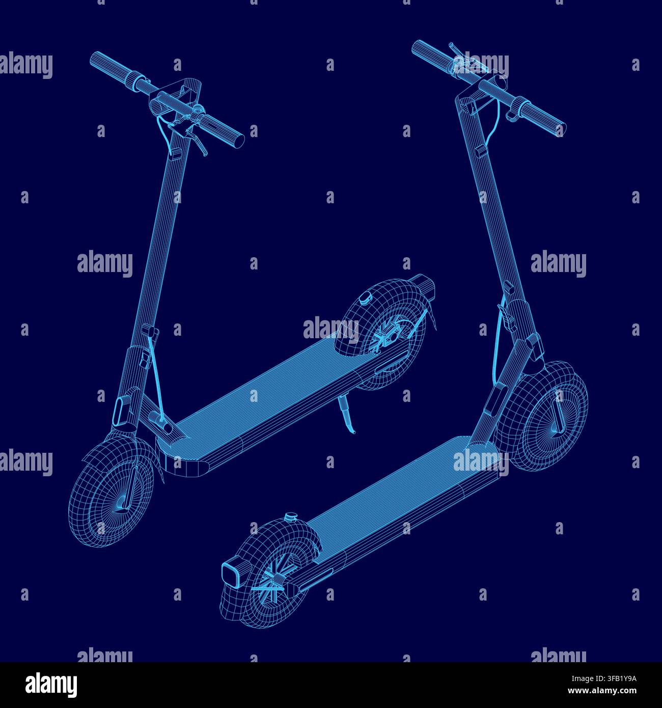Modello wireframe di due scooter elettrici eleganti con ruote e manubri su uno sfondo blu contrastante. Vista isometrica Illustrazione Vettoriale
