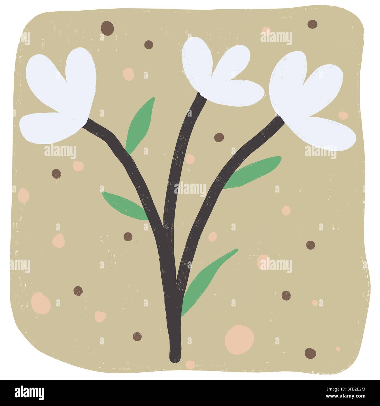 Illustrazione disegnata a mano di tre fiori con foglie e steli curvi scuri, su uno sfondo screziato e punteggiato. Stile folk-art stravagante. Foto Stock