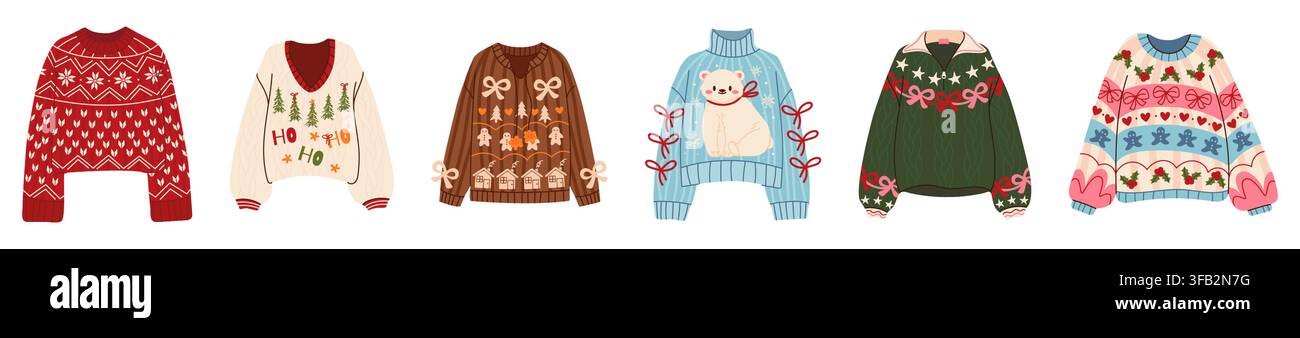 Set di maglioni invernali carini con motivi festivi Fair Isle e nordici, motivi natalizi, texture di maglia accoglienti, fiocchi, fiocchi di neve, alberi, pan di zenzero e Illustrazione Vettoriale