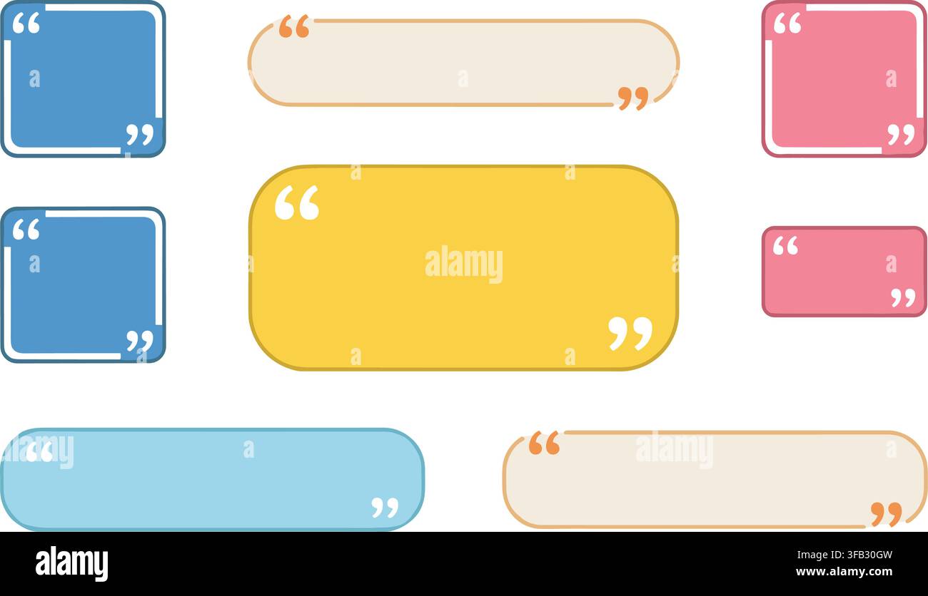 Set di cornici per citazioni con forme di bolle colorate e virgolette per messaggi sui social media e layout di testimonianze. Illustrazione Vettoriale