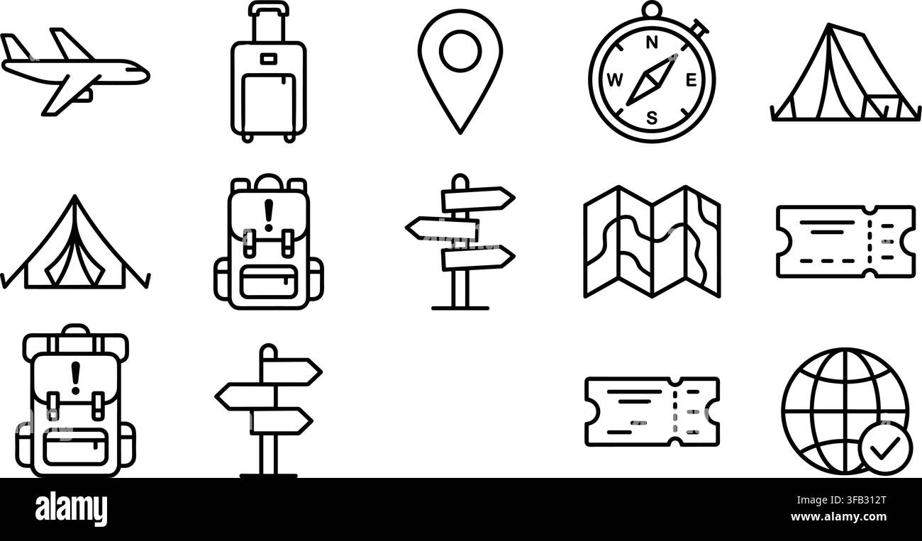 Il set di icone lineari per viaggi e avventura include attrezzatura da campeggio, strumenti di trasporto ed elementi di navigazione per vacanze all'aperto. Illustrazione Vettoriale