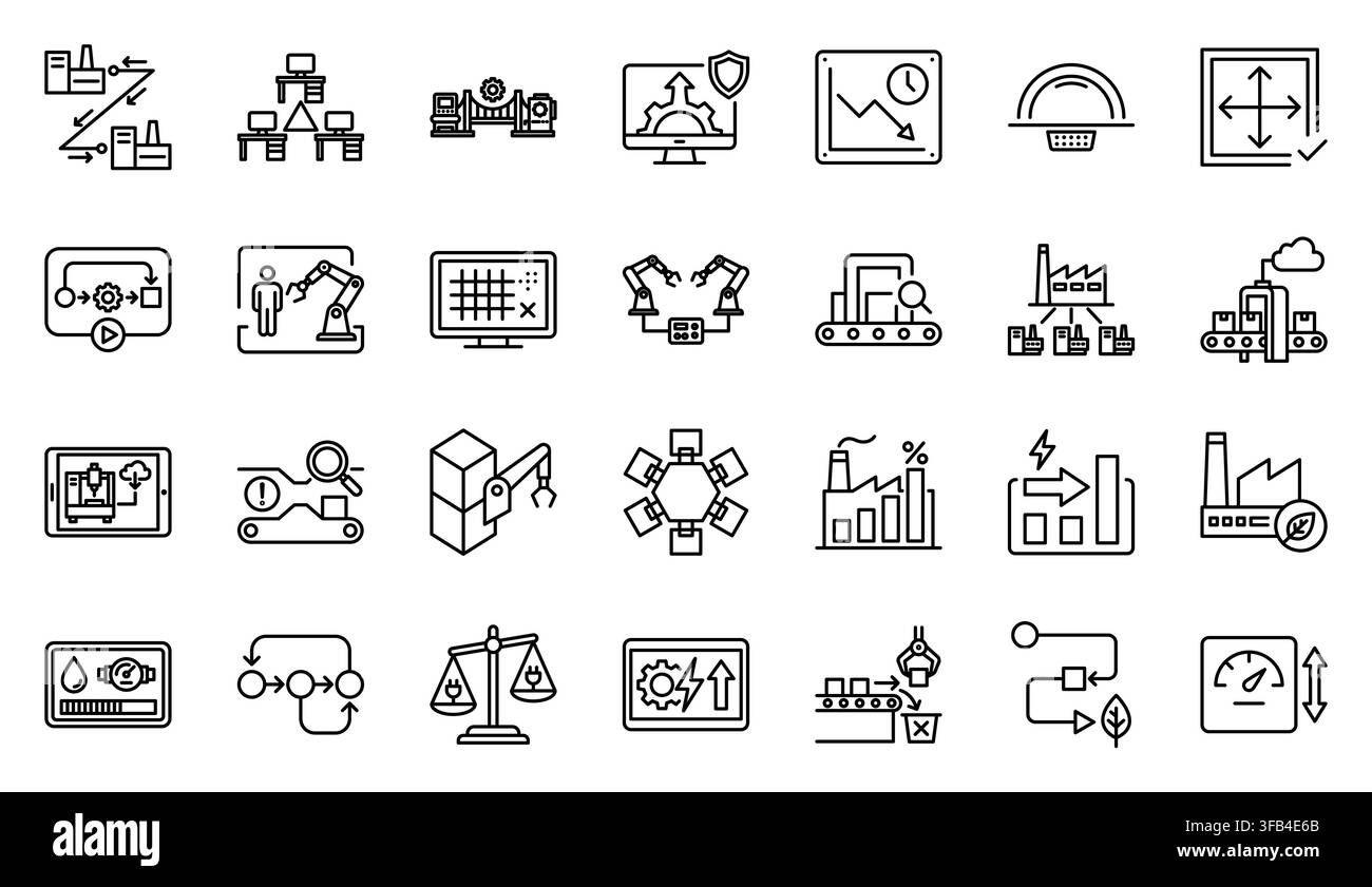 Set di icone vettoriali per l'automazione della fabbrica intelligente e la linea di produzione industriale Illustrazione Vettoriale