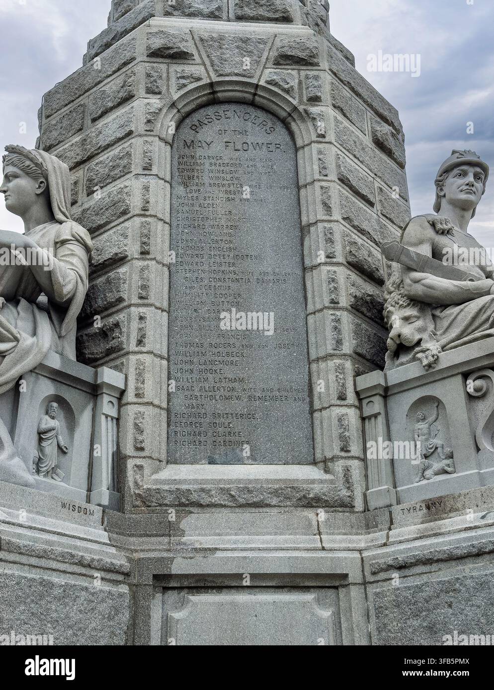 Plymouth, Massachusetts, USA - 23 giugno 2026: Monumento nazionale agli Antenati, noto anche come Monumento dei Pellegrini, un dettaglio. Elenco dei nomi dei passeggeri del Mayflower Foto Stock