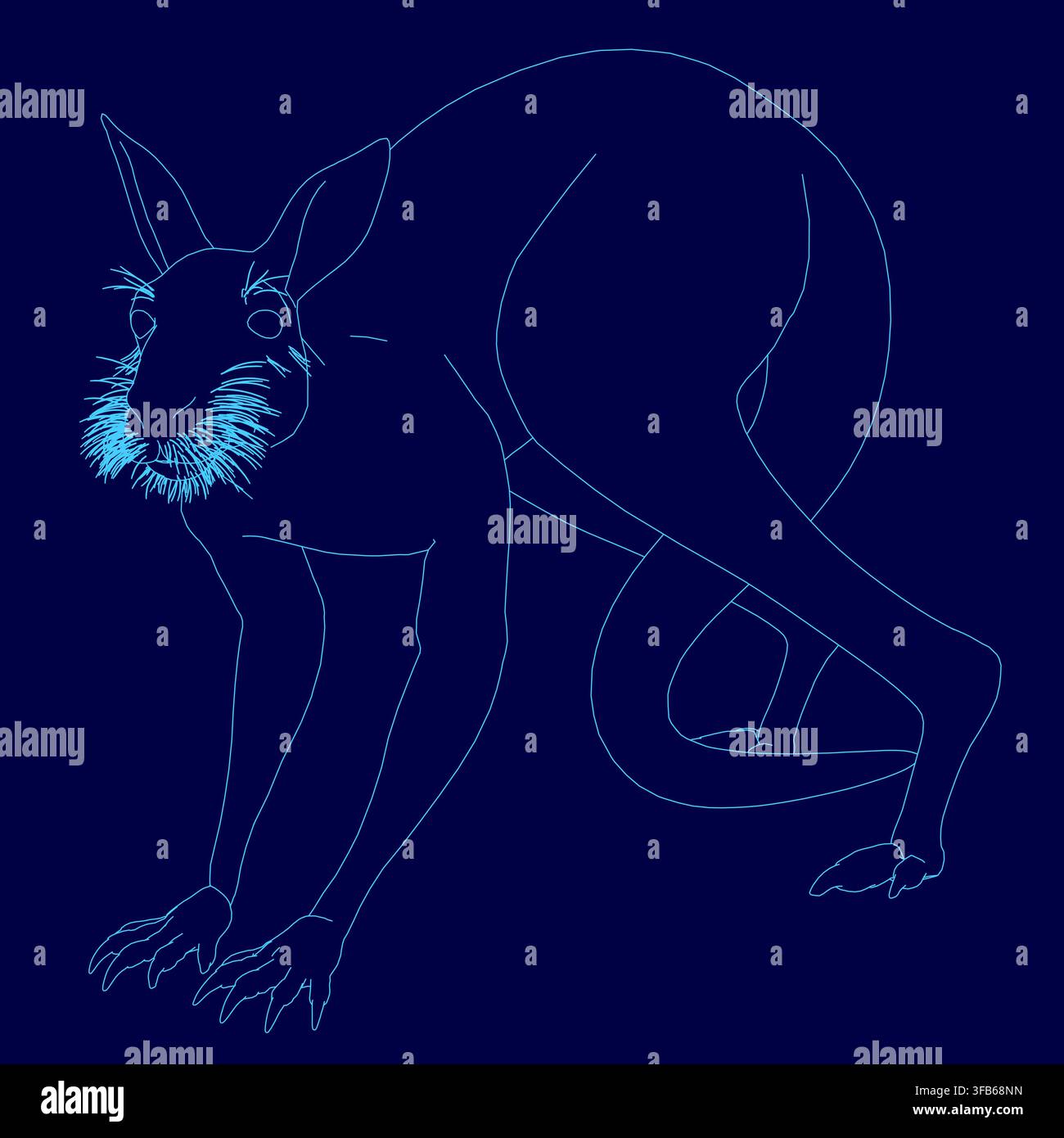 Un canguro maschio realistico in contorno blu si staglia su uno sfondo blu scuro. Un lavoro di linea dettagliato e sfumature creano un contrasto vivido e realistico. Illustrazione Vettoriale