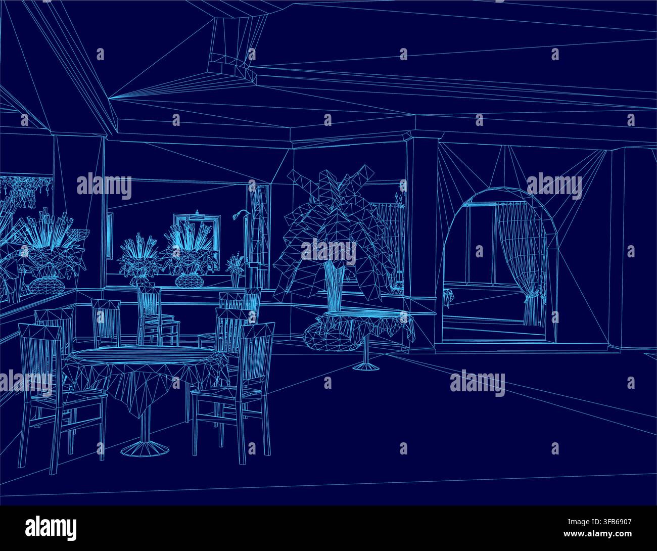 Una piantina in wireframe di una sala da pranzo di un ristorante, con un tavolo centrale con sedie, piante decorative e altri arredi essenziali. Illustrazione Vettoriale