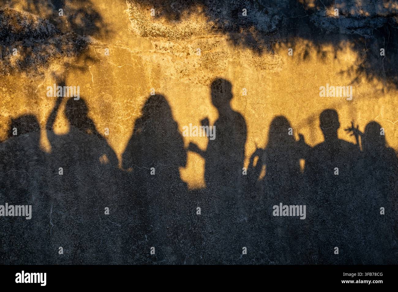Ombre di un gruppo proiettate su un muro ruvido nella luce dorata. Le ombre di un gruppo di persone si proiettano su un muro ruvido e invecchiato nella calda luce dorata. Foto Stock