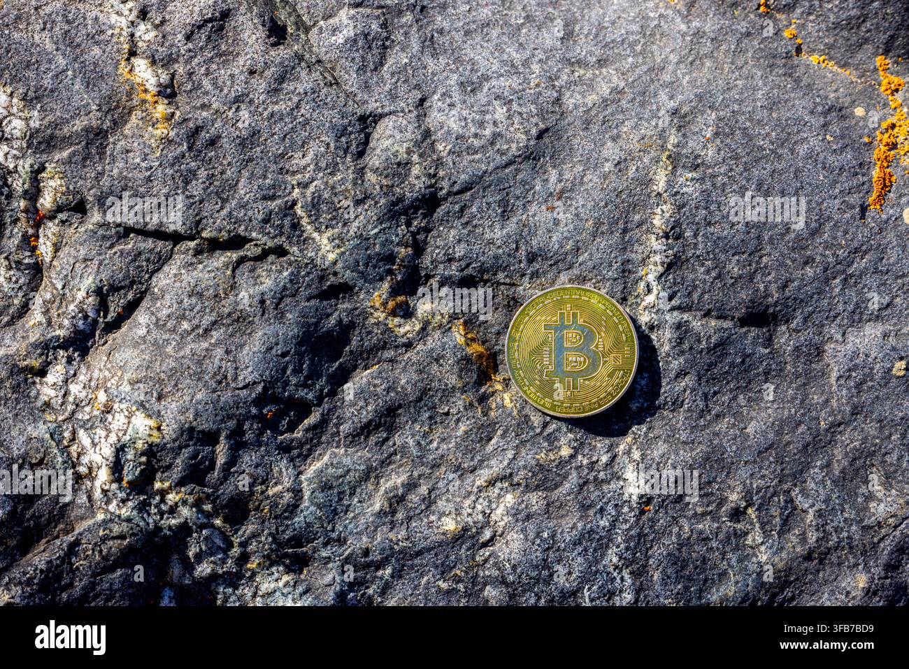 Moneta di criptovaluta in oro con un distinto logo "B" poggia su una roccia grigia ruvida. Le imperfezioni naturali includono vene minerali bianche e licheni arancioni. Foto Stock