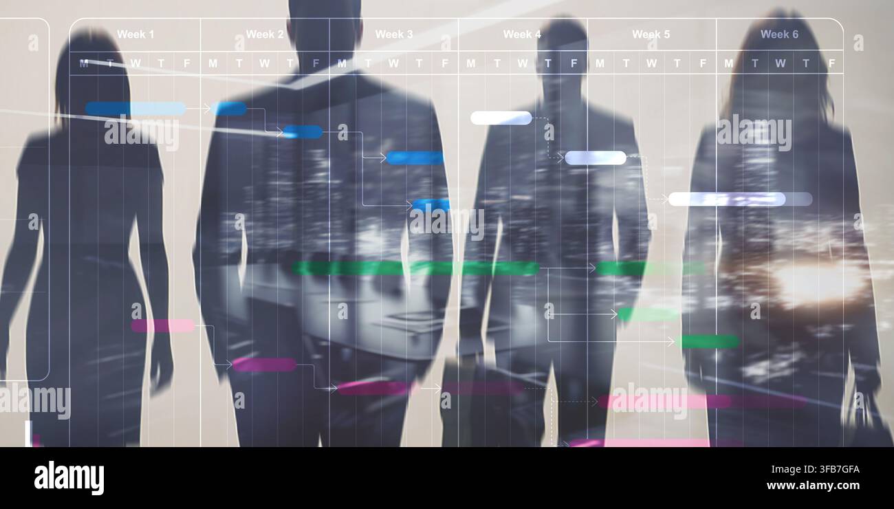 Sviluppo di un piano d'azione per la gestione strategica del progetto e l'esecuzione aziendale con visualizzazione delle tempistiche e dei flussi di lavoro Foto Stock