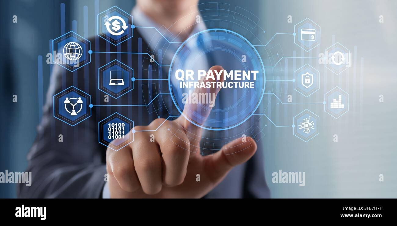 Sistema di infrastruttura di pagamento QR per transazioni finanziarie con tocco digitale dell'utente e icone digitali Foto Stock