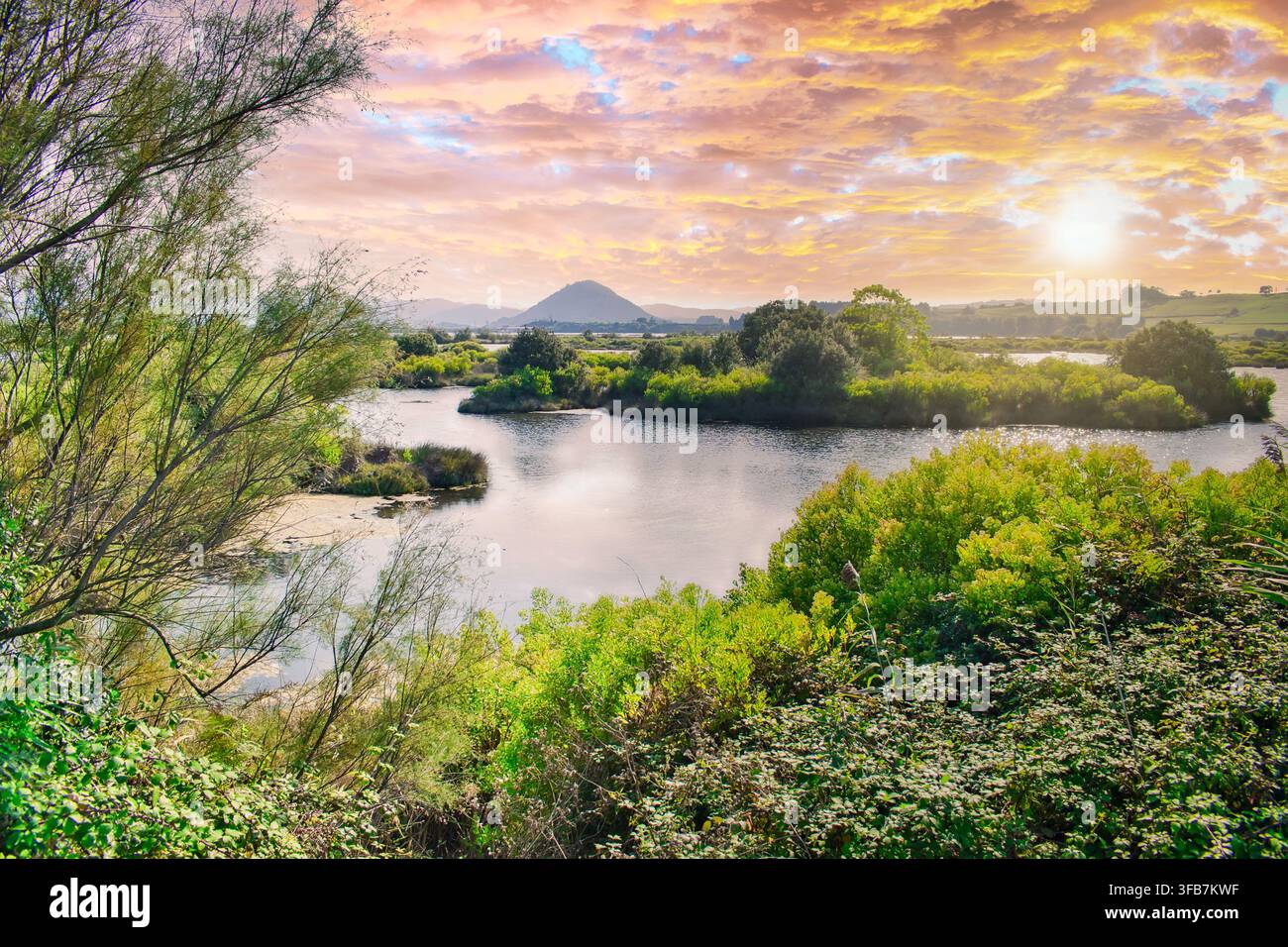 Tramonto nel parco naturale delle paludi di Santoña, Victoria e Jayel in Cantabria, Spagna Foto Stock